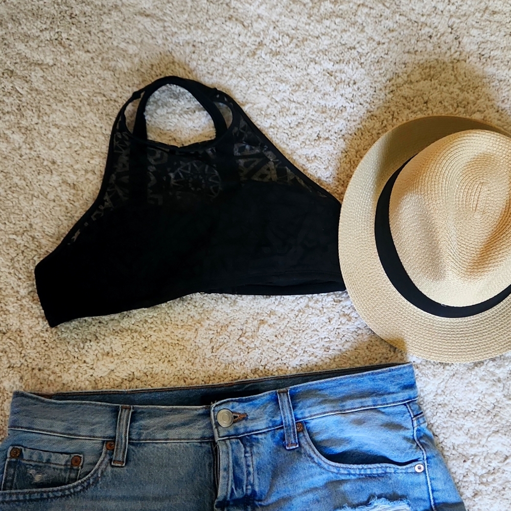 Sports bra swim top black unique burnout high neck. Lined.